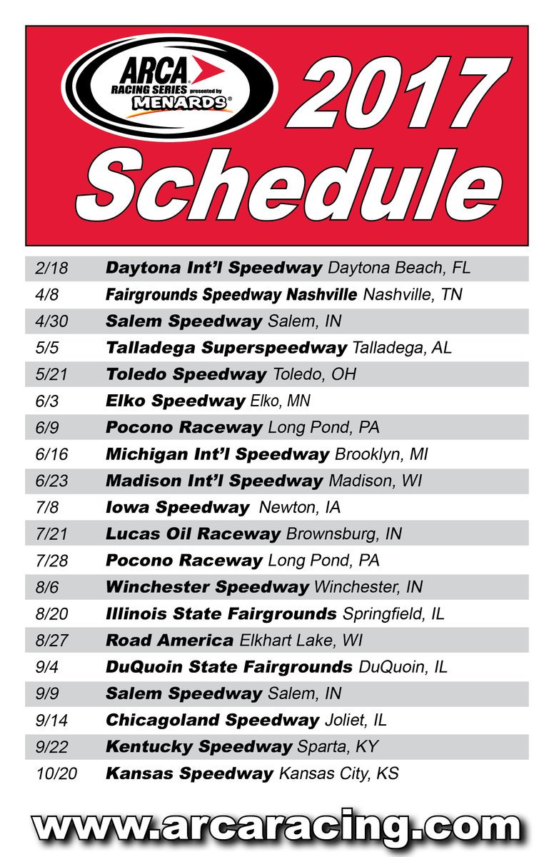 2017 ARCA Racing Series Schedule Released; Elko, Road America Return – Track Enterprises
